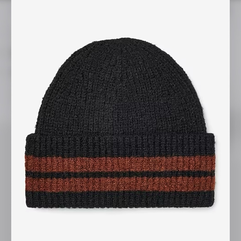 Express black fuzzy striped beanie